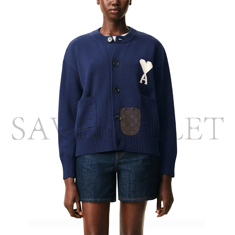 AMI PARIS AMI DE COEUR INTARSIA CREWNECK CARDIGAN 